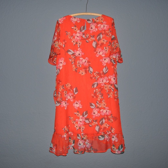 NEW Red Floral Print Short Sleeve Ruffle Dress D2 - Picture 6 of 8